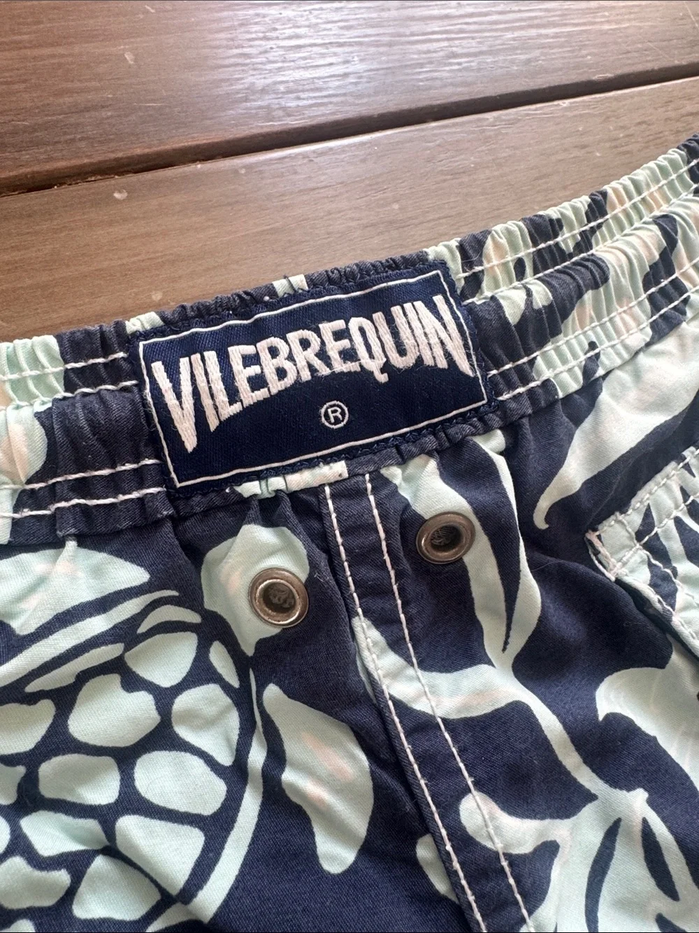 Vilebrequin Navy Swim Trunks with Light Aqua Sea Life Print